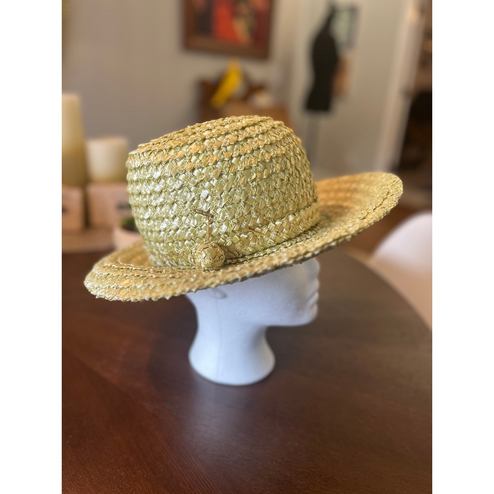 Adolfo II Sun Hat Womens OS Green Excellent Vintage Woven Straw Bow Charm Box